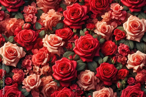 A stunning, lush arrangement of blooming red and peach roses, gracefully interwoven with small green leaves, creating a romantic and elegant botanical tapestry full of natural passion.