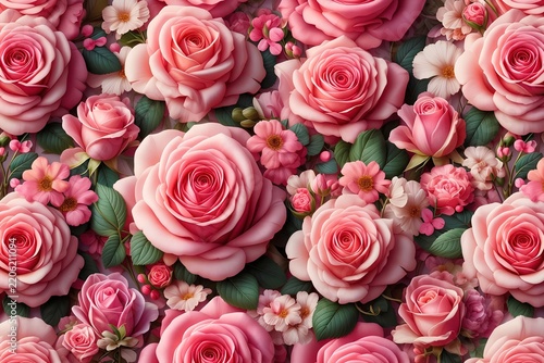 A stunning flat lay of blooming pink roses interwoven with delicate green leaves, creating a romantic and vibrant floral pattern filled with natural charm and elegance.