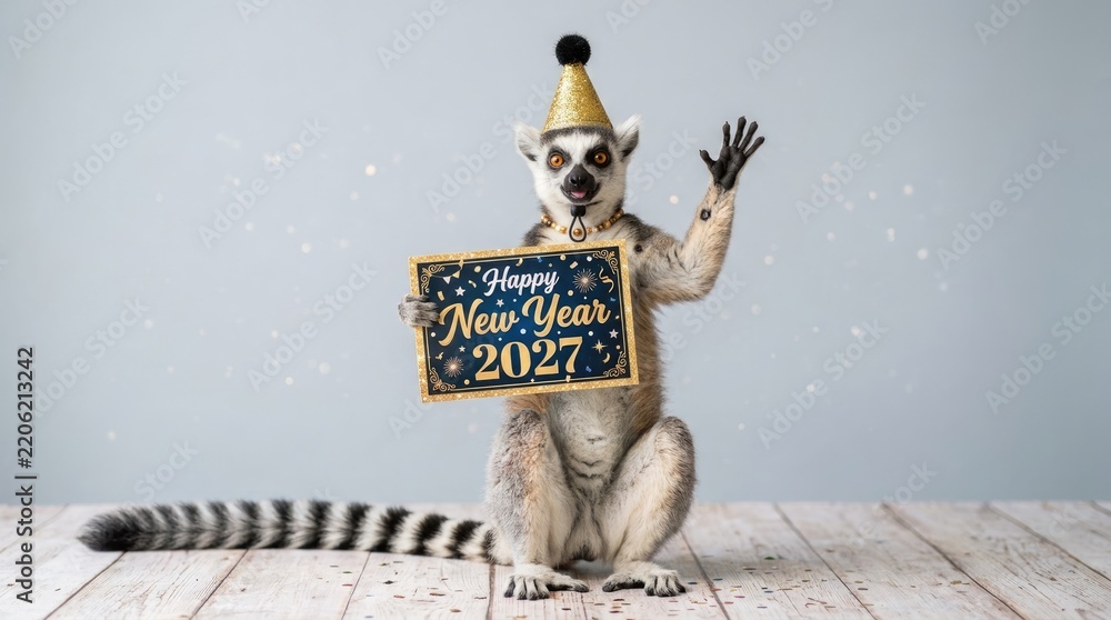 Obraz premium Cute ring-tailed lemur wearing a party hat holding a sign wishing happy new year 2027