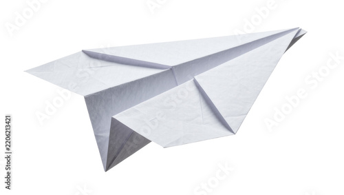White paper airplane folded from textured paper, isolated on transparent background