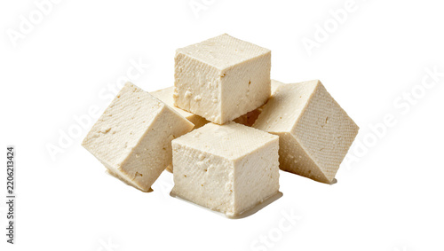 Pile of firm tofu cubes a healthy plant-based protein, isolated on transparent background