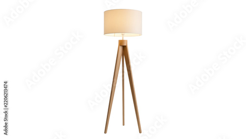 Modern wooden tripod floor lamp with beige fabric shade, isolated on transparent background