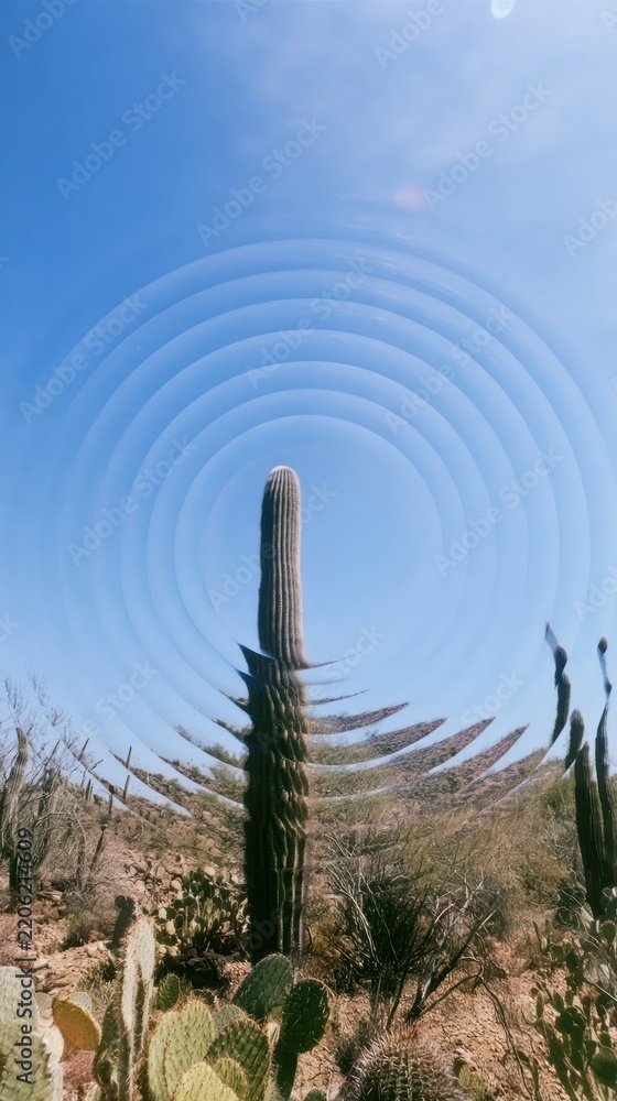 Obraz premium Surreal mobile wallpaper featuring a desert cactus with concentric circle effects.
