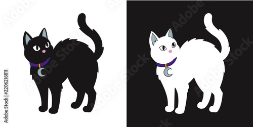 Black and White Cat Contrast: A striking visual contrast between a black cat on a white background and a white cat on a black background.