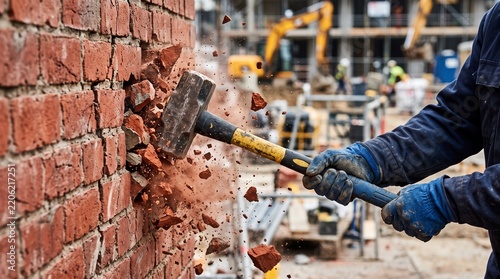 Commercial renovation stock photo of a male construction worker breaking down a brick wall with a heavy sledgehammer inside an apartment.