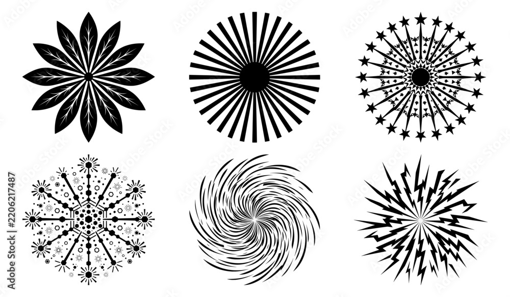 Obraz premium Radiant sunburst and star firework elements for bold graphic design projects only