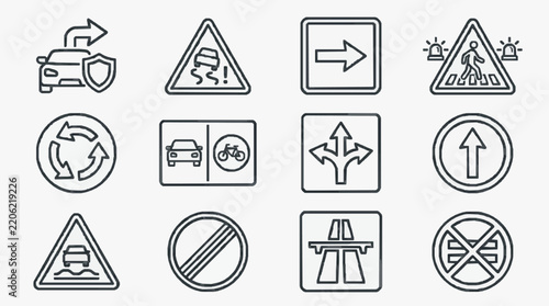 Comprehensive Set of Road and Traffic Safety Sign Icons for Design Projects