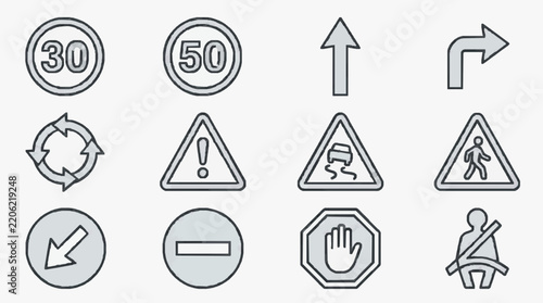 Comprehensive Set of Road and Traffic Safety Sign Symbols for Design Projects