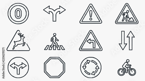 Comprehensive Set of Road and Traffic Sign Icons for Navigation and Safety