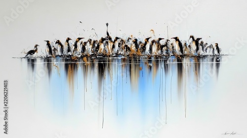 A flock of penguins gathered together on the water's edge with abstract paint strokes reflecting on the water