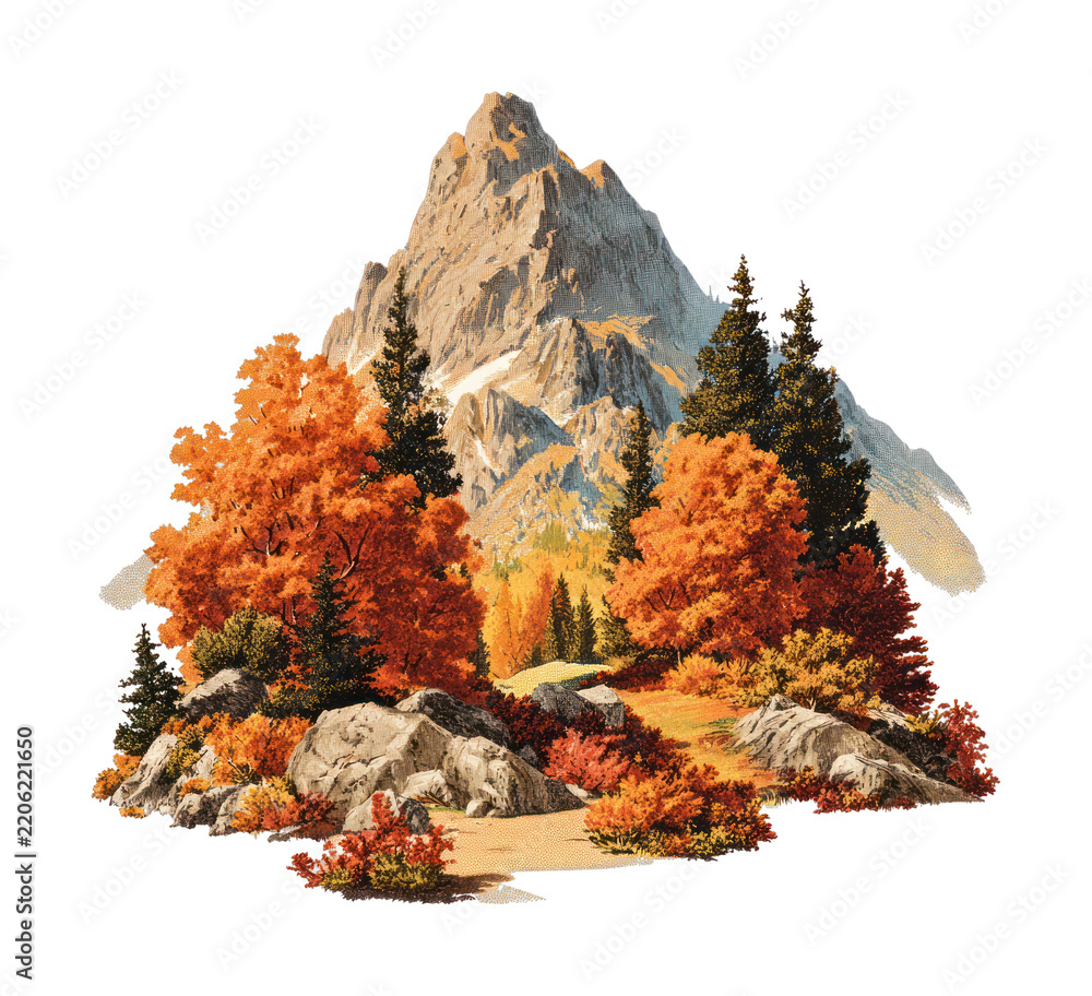 Fototapeta premium Mountain landscape with autumn trees, PNG with transparent background.