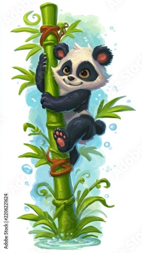 A cute panda cub is climbing a bamboo stalk in a whimsical watercolor style. The panda has black patches around its eyes and ears, with a happy expression.