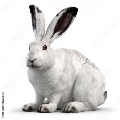 A white hare with long ears and brown markings on its ears sits on a white background