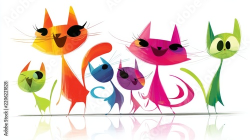 A family of colorful cartoon cats with big eyes and playful expressions stands together, representing joy and fun