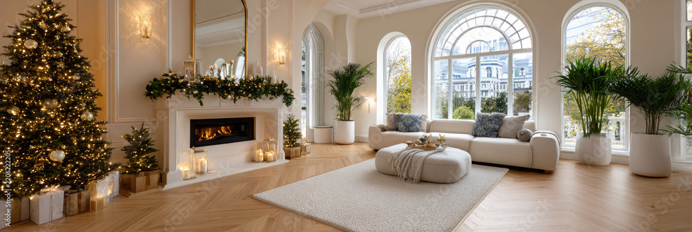 Obraz premium Spacious modern classic living room showcasing festive christmas decorations, including a bright tree, warm fireplace, and stylish furniture, preparing for holiday celebrations