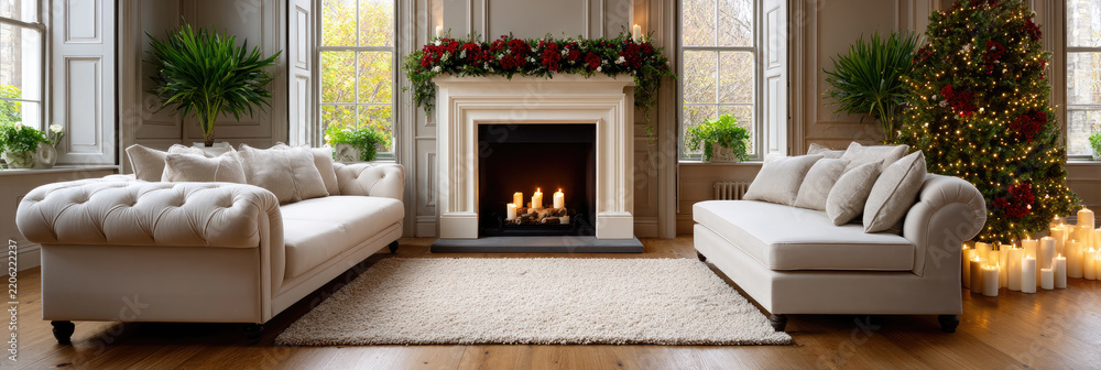 Obraz premium Spacious modern classic living room showcasing festive christmas decorations, including a bright tree, warm fireplace, and stylish furniture, preparing for holiday celebrations