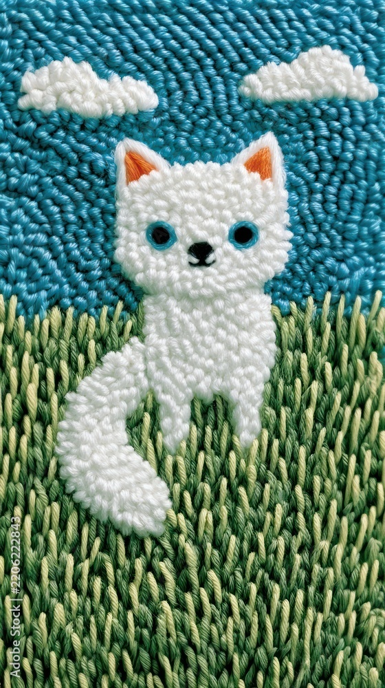 Obraz premium Cute white cat embroidery wallpaper with sky and grass for mobile phone