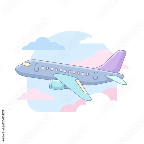 Cartoon Airplane Flying in Pastel Sky with Pink and Blue Clouds Vector