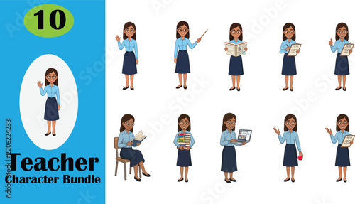 A vector bundle of 10 diverse female teacher character poses in various teaching activities