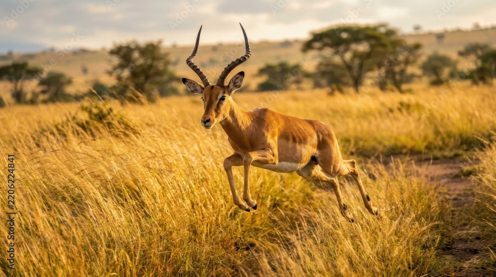 Fototapeta premium Impala Leap in Savannah: An impala with majestic curved horns leaps dynamically through a golden savannah, its sleek body silhouetted against the warm, late afternoon sun.