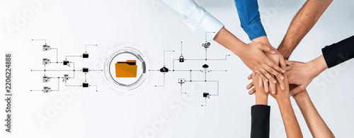 Quadro su tela A harmonious image depicting diverse hands coming together in a collaborative effort, symbolizing teamwork and digital communication in professional settings