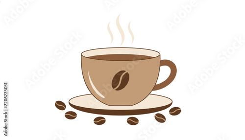 Steaming cup of dark coffee on a saucer surrounded by several roasted coffee beans on a clean white background.