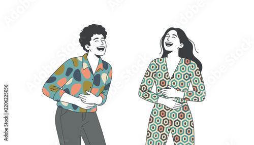 Man and a woman dressed in colorful patterned shirts laughing uncontrollably with their hands on their stomachs.