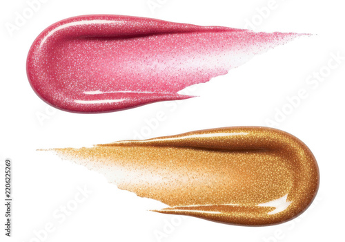 Pink and gold shimmering cosmetic makeup product smears