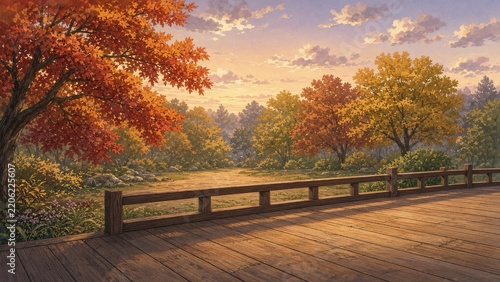 Wooden bridge path through autumn maple trees at dusk with copy space