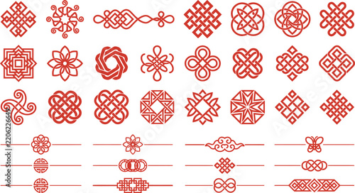 Chinese traditional lucky knots and oriental decorative divider lines vector set   