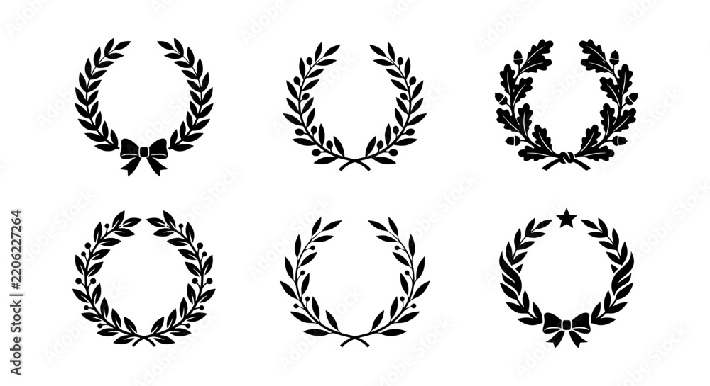 Fototapeta premium Vintage Laurel Wreath Silhouette Set, Black Leaf Frame Vector Icons, Crest Design