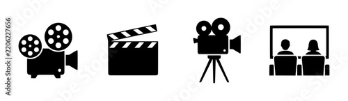 Cinema icon set featuring film projector, movie clapperboard, video camera