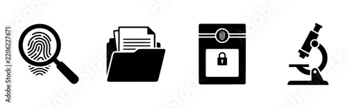 Forensic science and security vector icon set, 4 black investigation symbols, evidence analysis