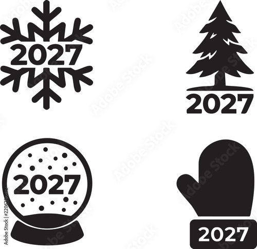 2027 winter holiday icon set with snowflake Christmas tree snow globe and mitten
