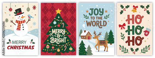 Christmas poster collection with snowman tree reindeer and festive holiday greetings