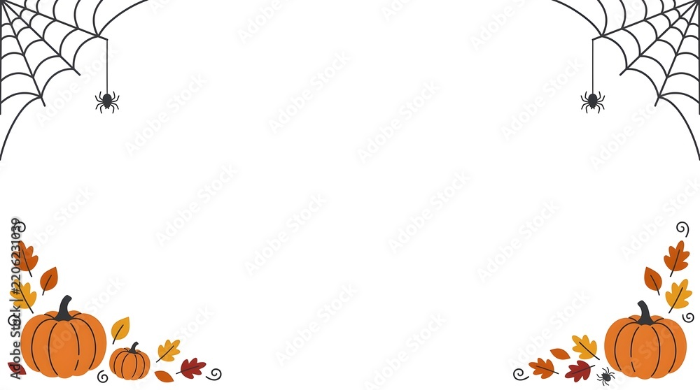 Fototapeta premium Autumn and Halloween background frame with pumpkins, leaves and spiders on white