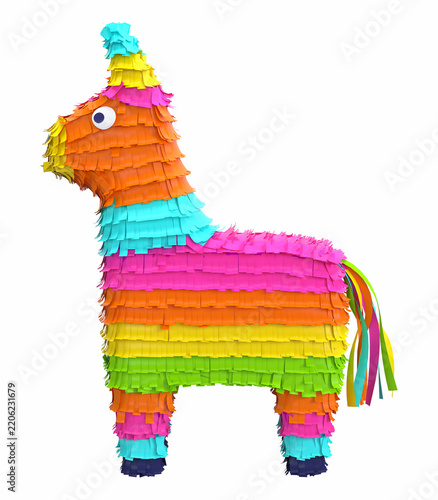 Traditional multi colored Mexican party pinata on a white background