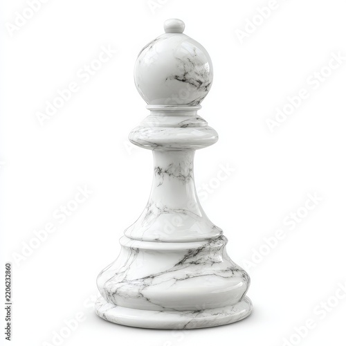 A solitary white marble bishop chess piece stands against a plain background, its polished surface reflecting light. The distinct shape of the bishop, with its rounded head and flared base.