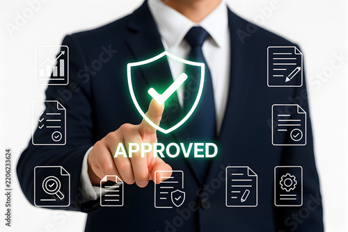 Businessman touching glowing shield checkmark icon with approved text surrounded by document verification and compliance workflow icons