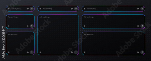 AI chat interface with empty prompt boxes on dark dotted background. Chatbot input design. Artificial intelligence and virtual assistant concept. Digital vector illustration.