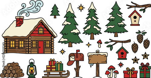 Winter holiday cabin in forest with festive seasonal decorations and gifts christmas house snowy landscape holiday icons winter season christmas decor log cabin vector illustration hand drawn