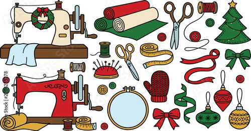 Sewing craft tools and christmas holiday decoration icons set with christmas crafts crafting supplies sewing machine holiday decor sewing kit christmas ornaments fabric rolls sewing accessories