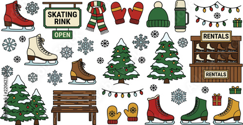 Winter ice skating elements collection with skates rental shop evergreen trees holiday decor skating rink winter season skate rental winter holidays winter sports christmas decor winter recreat