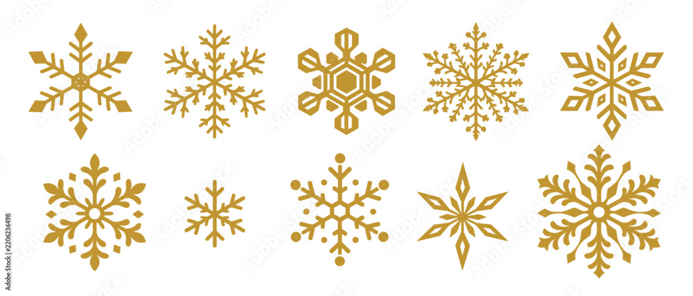 Obraz premium Gold snowflake icons with ornate crystal and geometric design