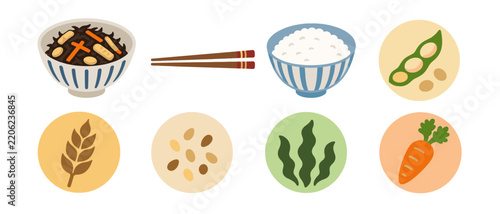 Obraz na płótnie Food allergen icons with simmered vegetables rice and seaweed