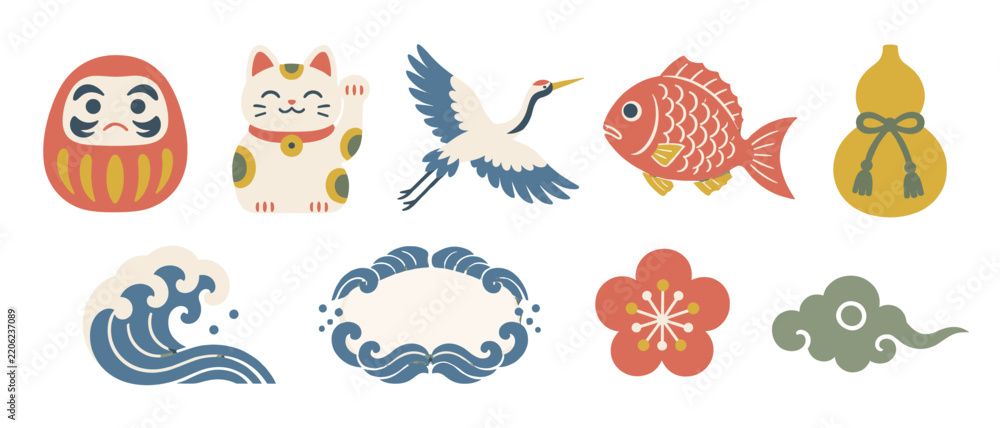 Obraz premium Japanese lucky charm icons with daruma cat crane and gourd