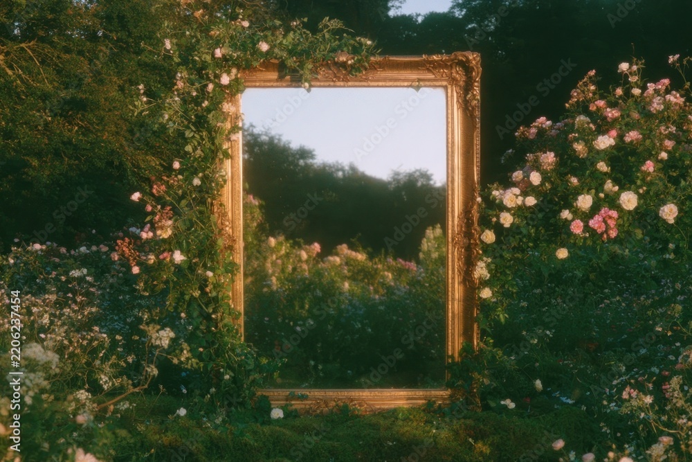 Obraz premium Golden mirror in lush garden with blooming flowers.