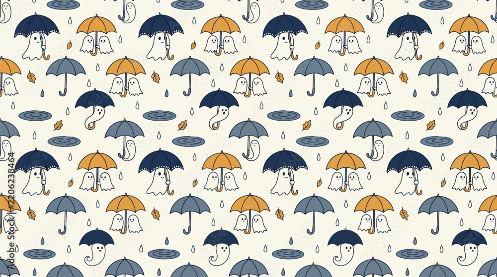Fototapeta premium Seamless pattern of cute ghosts holding umbrellas in the rainy weather.