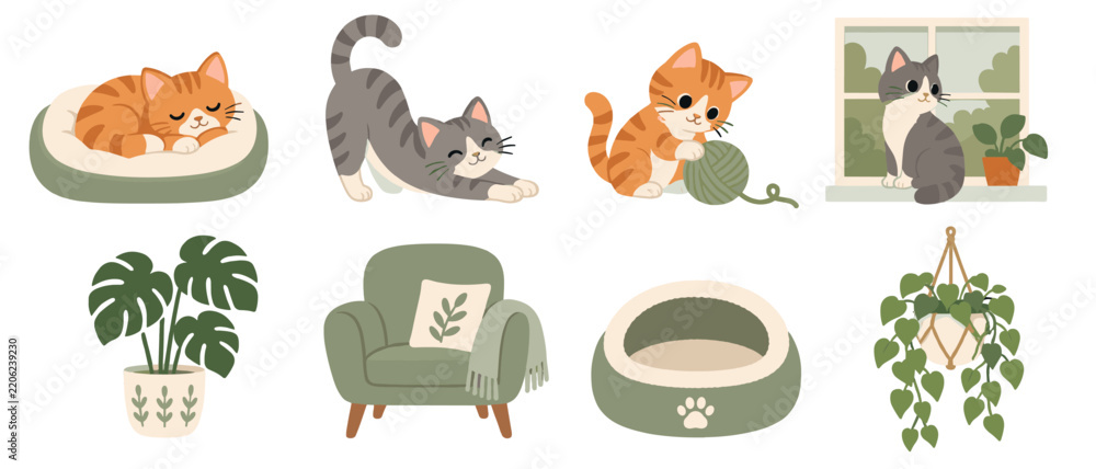 Fototapeta premium Cat lifestyle icons with sleeping stretching and window watching