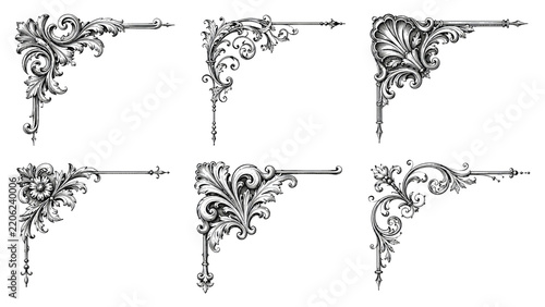 Six ornate vintage decorative corner flourishes in black-and-white line art